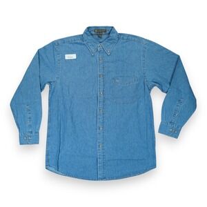 NWT Harriton Denim Button Down Shirt Men Medium Blue Pocket‎  Long Sleeve